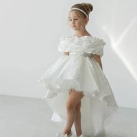 White Flower Girl Dress for Wedding Off Shoulder Asymmetry Length Lace Puffy Birthday First Communion Ball Gown Custom