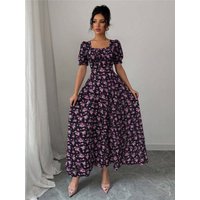 Women's Summer Elegant Casual Puff Sleeve Square Neck Maxi Dress Sweet Floral Print Slim Fit Long Dress Black Floral Long Dress