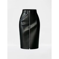 Black faux leather zip front pencil skirt,Front zippered black leather look pencil skirt