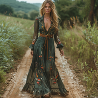 Sexy Pastoral Style Floral Print Long Dress V Neck Button Front Long Sleeve With Belt Casual Daily Commute Streetwear Party