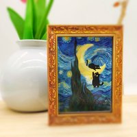 Vintage Frame Fridge Magnet, Van Gogh Starry Night Black Cat On Moon Art Decor for Kitchen Refrigerator & Cat Lover Art Gift