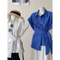 Korean Style Loose Women's Shirt Belted Short Sleeve Slimming Summer New Design Fashionable Collar Pure Color Business C...