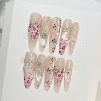 10PCS Leopard Print French Fake Nails with Hearts Pink Glitter Cat Eye Press On Nails for Women Party Wedding Wearing