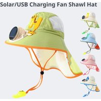 Sun-Shade Fisherman Hat With Solar USB Charging Fan Wide Large Brim Children's Sun Protection Hat UV Protection Breathable Mesh