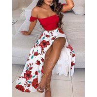 Color Print Skirt Two Piece Set Women One Line Neck Cropped Tube Top Slit Skirts Sets Casual Bohemian Beach Vacation Style Suit