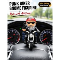 Punk Biker Gnome Figurine - Motorcycle Dashboard Ornament, Funny Middle Finger Resin Decor, Cool Car Accessory Gift