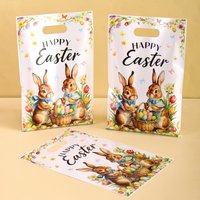 10/20/50pcs Happy Easter Gift Bags with Handles Bunny Eggs Printed Treat Bags Plastic Candy Bags Goodie Bags Easter Party Suppli