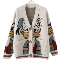 Disney Donald Duck Jacquard Sweater Women's Cartoon Anime Patterns Spring and AutumnLoose Knitted Cardigan Casual Top Gift