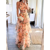 Sleeveless Fashion New Loungewear Skirt Set, Summer Women Hollow Sexy Patchwork Party Suit, Print Stand Collar Elegant 2pc Sets