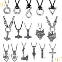 U7 Nordic Viking Necklaces for Men Mobius Infinity Triangle Bar Corss Wolf Hammer Axe Pendant & Wax Cord /Chain Stylish Jewelry