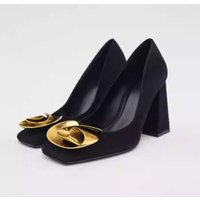 Vintage Elegant Women's Pumps Black Suede Leather Square Toe Block Heel, Gold Metal Flower Buckle Office Party Dress Shoes