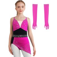 Kids Girls Children Figure Skating Lyrical Dance Dress Spaghetti Straps Rhinestones Asymmetrical Dress with 1 Pair Mesh Gloves