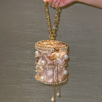 Hollow Out Diamond Bucket Evening Clutch Bags Women Luxury Top Handle Pearl Beaded Metallic Cage Handbags Ladies Wedding Purse