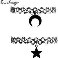 Punk Gothic Style Moon Star Charm Elastic Tattoo Choker Stretchy Chain Necklace Party Holiday Gift