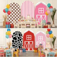 Farm Barn Theme Arch Cover Decoration Backdrop Animal Cow Print Checkered Striped For Kids Birthday Party Photo Booth Background