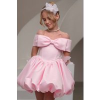 Satin Flower Girl Dress Baby Pink Wedding Party Dress for Little Girls Mini Toddler Pageant Ball Gowns Off Shoulder Communion