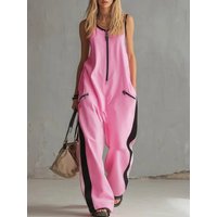 Casual O Neck Wide Leg Jumpsuit Women Summer Zipper Sleeveless Vintage Elegant Color Blocking Loose Pants Jumpusits Woman Romper