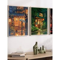 AliExpress NONE Anime Cafe Shop and Bicycle Canvas Poster Ghibli Work Anime Style Street Cafe Scene Wall Art Printing for Living Room Home Decor