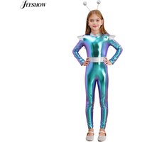 Kids Girls Alien Costume 2 Piece Outfits Shiny Metallic Long Sleeve Leotard Unitard with Hair Hoop Space Cadet Fancy Dress Up