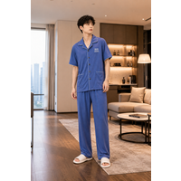 Men's Short Sleeve Pajama Set Cardigan Button Down Sleepwear Turn Down Collar Double Pockets Soft Homewear Lounge Wear