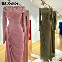 ROSES Pink Chiffon High Collar Prom Dresses Ruched Long Sleeves Shiny Rhinestones Prom Dresses for Woman robe de bal Customized