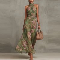 Halterneck Sleeveless Off Shoulder Mesh Fashion Printed Irregular Slit Elegant Pleated Sexy Women's Summer Formal Evening Dress