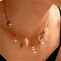 Colorful Beaded Flower Pendant Necklace Sweet Trendy Stainless Steel Chain with Imitation Pearl Versatile Daily Jewelry for Wome