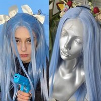 WIF Light Blue Color Long Straight Synthetic Lace Wig Natural Hairline Middle Part Lace Front Wigs Heat Fiber Cosplay Women Use