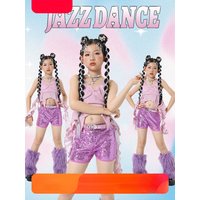Kids Stage Catwalk Outfit Girls Hip Hop Clothing Ruffled Top Sequins Shorts Jazz Costumes Kpop Wear Street Dancewear 4-14Y