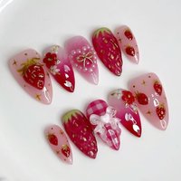 24Pcs Detachable Press on Fake Nails with Bow Red Round Head Full Cover Nail Tips Strawberry Design Cute Long Almond False Nails