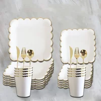 Creative 8 Guests White Disposable Tableware Macaron Color Golden Edge Plate Cup Wedding Happy Birthday Party Decor Kids Adults