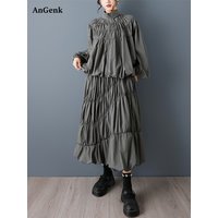 2026 Spring Autumn New Pleated Fashion Loose Casual 2 Two Piece Set Long Sleeve Loose Blouse Women Shirt Top Clothing Skirt Suit