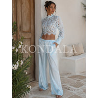 KONDALA Women Elegant Chic Pants Set Blue Lace See-through Short Tops, Drawstring Wide Leg Pants 2026 Summer Trendy Holiday Set