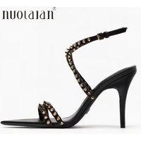 Brand Fashion Rivets Women Sandals Stiletto High Heels Party Wedding Shoes Pointed Toe Open Toe Summer Sandals Ladies Shoes