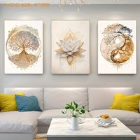 3pcs Art Deco Canvas Posters - Modern Tree of Life & Lotus Flower Prints for Living Room, Bedroom - Indoor Frameless Oil Paintin