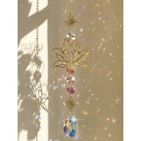 1pc Suncatcher Gardening Crafts Golden Lotus AB Colorful Water Drop Pendant Crystal Decoration Pendant