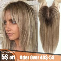 100% Remy Human Hair Toppers for Women Straight Brown Ombre 10inch Human Hair Topper with Bangs Silk Base Clip in Hair Extension image 4