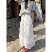 Vintage Patchwork Long Skirt Summer White Lace Layered Skirt Women's Fashion High Waisted A-line Skirt 2025 Korean Clothes