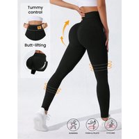 Solid Black High Waist Leggings for Women High Elastic Tummy Control Butt Lifting 4 Way Stretch Breathable Slim Fit Yoga Ready G