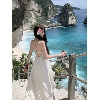 Elegant Backless Summer Dress Women's Lazy Sensation Pure Desire Long Gown Vacation Style High Waist A-Line Skirt V-Neck