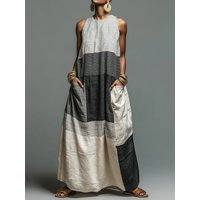 Summer Women Maxi Dress Stylish Color-Block Patchwork Loose Sleeveless Tank Long Dress Trendy Fashion Casual Pocket Dresses