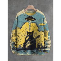 Funny Cartoon Cat Sweatshirts Japanese Art Style Sweatshirt Crew Neck Polyester Loose Hoodie Fashion Street Casual Pullovers Y2k