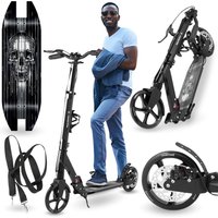 Hypermotion Zweirad-Roller mit Stoßdämpfer, Aluminium, Schwarz, faltbar, 100 kg Tragfähigkeit – 20 cm Durchmesser PU-Räder, Scheiben- und Fußbremse, 3-fach verstellbarer Lenker, Abec-7-Lager,