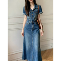 Retro Hong Kong Style Slimming Blue Denim Dress Women's High Waist Short Sleeve Collar Summer New Arrival A-Line Dress