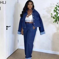 FAGADOER Retro Fashion Two Piece Outfits Woman Solid Color Long Sleeves Crop Top and Denim Pants Female Streetwear Clothing New