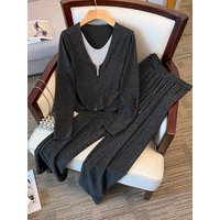 plus Size Women's Spring Fashion Set Casual High Waist Wide Leg Pants V-Neck Long Sleeve Two-Piece Suit Slimming Ensemble
