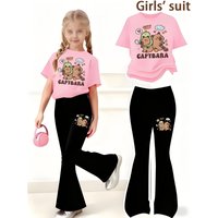 Girls' Summer Casual Outfit: Regular Short-Sleeve Top + Black Flared Long Pants Two-Piece Set with Capybara and Pufferfish Print, Cute and Stylish, Suitable for Girls Aged 4-12, Versatile for Home and
