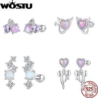WOSTU Original 925 Sterling Silver Exquisite Bowknot Heart Opal Stud Earrings For Women Engagement Birthday Gift Fine Jewelry