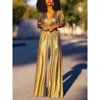 Women Fashion Shiny Sexy Deep V-neck Wide Leg Prom Jumpsuits New Spring Summer Solid Color High Street Outfits
