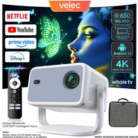 Velec Projector Android 13 Native 1080P 650ANSI Amlogic T950D4 Wifi6 BT5.2 Compatible with Netflix 4K Portable Outdoor Projector